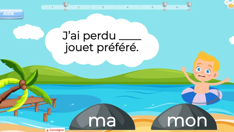 Exercice de grammaire Edidact : choisir entre « ma » et « mon » pour compléter la phrase « J’ai perdu ___ jouet préféré »